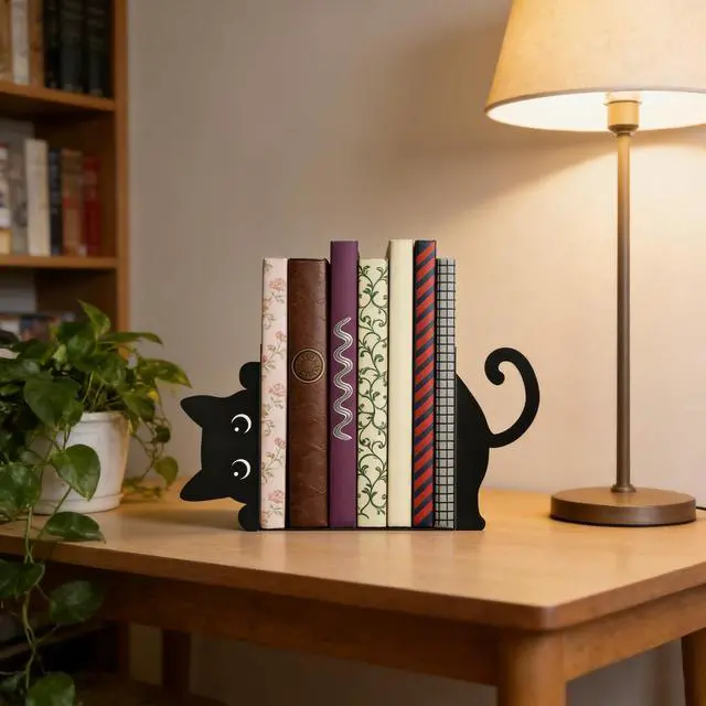 Alt view image 2 of 7 - Peekaboo Cat Bookends for Shelves, Black Metal Decorative Book Ends, Heavy Duty Book Stoppers for Home & Office Desk, Ideal Gift for Cat Lovers & Book Lovers