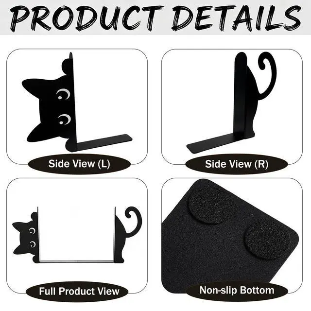 Alt view image 4 of 7 - Peekaboo Cat Bookends for Shelves, Black Metal Decorative Book Ends, Heavy Duty Book Stoppers for Home & Office Desk, Ideal Gift for Cat Lovers & Book Lovers