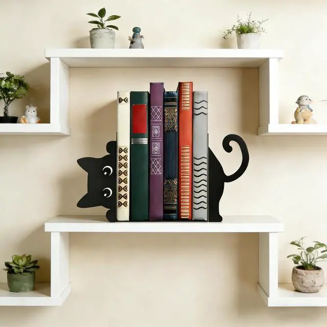 Alt view image 6 of 7 - Peekaboo Cat Bookends for Shelves, Black Metal Decorative Book Ends, Heavy Duty Book Stoppers for Home & Office Desk, Ideal Gift for Cat Lovers & Book Lovers
