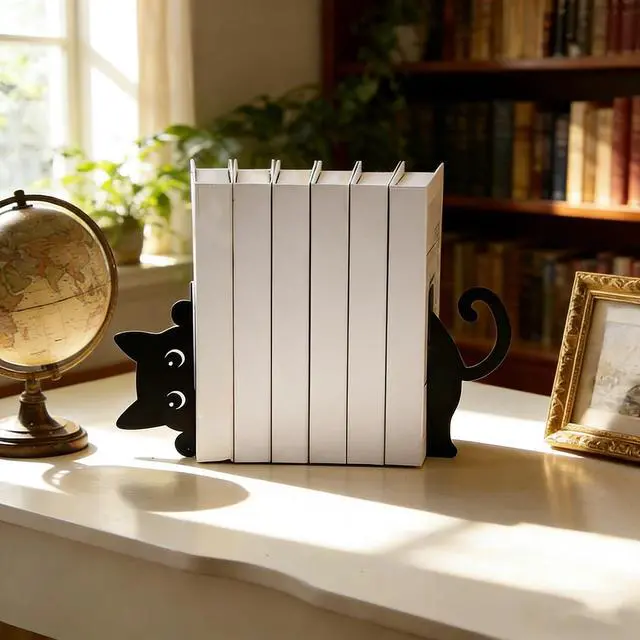 Alt view image 7 of 7 - Peekaboo Cat Bookends for Shelves, Black Metal Decorative Book Ends, Heavy Duty Book Stoppers for Home & Office Desk, Ideal Gift for Cat Lovers & Book Lovers