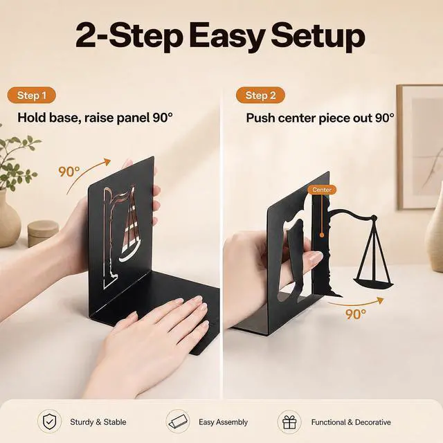 Alt view image 6 of 7 - Book Ends for Shelves, Balance-Inspired Decorative Bookends for Heavy Books, Extra Wide Sturdy Metal Book Holder for Shelf with Non-Skid Base, Sculptural Book End for Home Office Desk Set of 2