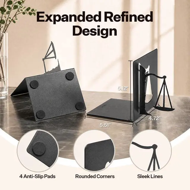 Alt view image 3 of 7 - Book Ends for Shelves, Balance-Inspired Decorative Bookends for Heavy Books, Extra Wide Sturdy Metal Book Holder for Shelf with Non-Skid Base, Sculptural Book End for Home Office Desk Set of 2