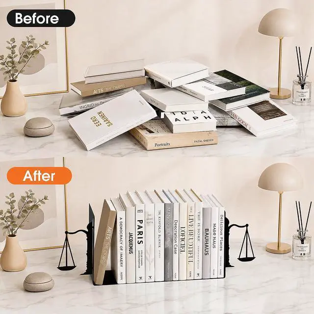 Alt view image 4 of 7 - Book Ends for Shelves, Balance-Inspired Decorative Bookends for Heavy Books, Extra Wide Sturdy Metal Book Holder for Shelf with Non-Skid Base, Sculptural Book End for Home Office Desk Set of 2
