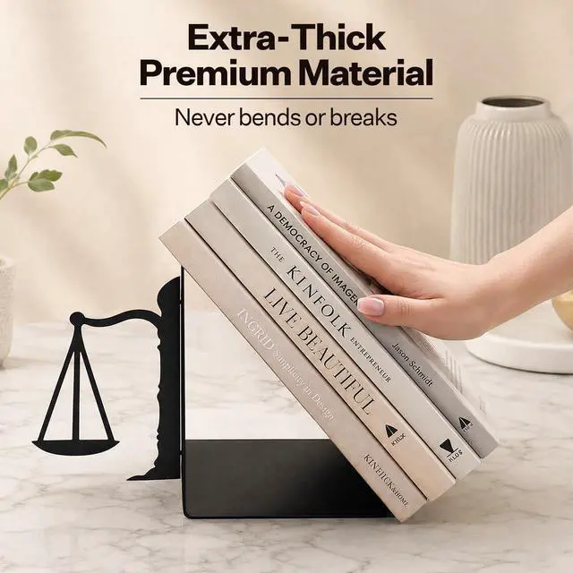 Alt view image 5 of 7 - Book Ends for Shelves, Balance-Inspired Decorative Bookends for Heavy Books, Extra Wide Sturdy Metal Book Holder for Shelf with Non-Skid Base, Sculptural Book End for Home Office Desk Set of 2
