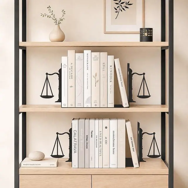 Alt view image 7 of 7 - Book Ends for Shelves, Balance-Inspired Decorative Bookends for Heavy Books, Extra Wide Sturdy Metal Book Holder for Shelf with Non-Skid Base, Sculptural Book End for Home Office Desk Set of 2
