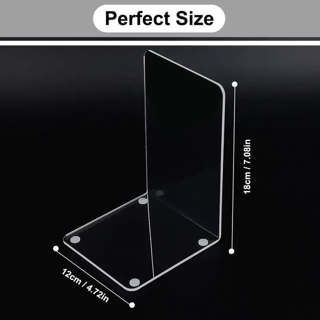 Alt view image 2 of 7 - Clear Acrylic Book Ends Bookends for Shelves | 2 Piece, 7.08 x 4.72, Non-Slip, Heavy Duty, Decorative Books Holder, Bookcase Desktop Use, for Office Home School