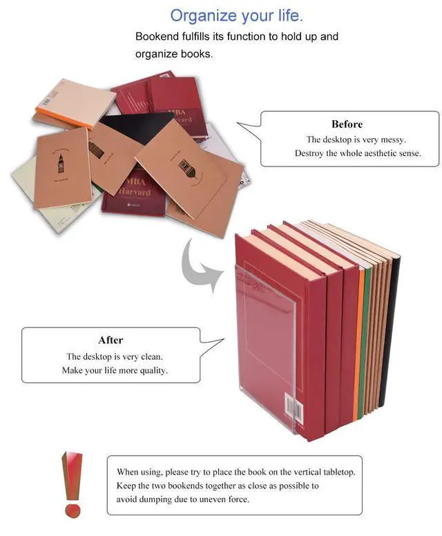 Alt view image 7 of 7 - Clear Acrylic Book Ends Bookends for Shelves | 2 Piece, 7.08 x 4.72, Non-Slip, Heavy Duty, Decorative Books Holder, Bookcase Desktop Use, for Office Home School