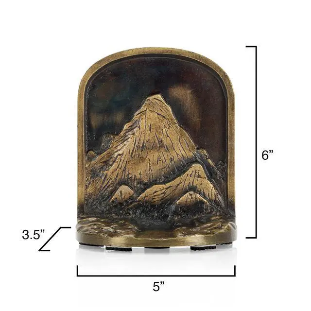 Alt view image 2 of 7 - Cast Iron Mountain Bookends Set, Antique Brass Book Ends, 2 Decorative Book Holders for Shelves or Bookcase, Stylish Brass, Non-Skid Anti-Slip Heavy Duty, Home Décor Gift
