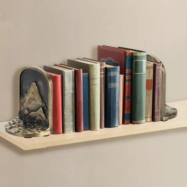 Alt view image 3 of 7 - Cast Iron Mountain Bookends Set, Antique Brass Book Ends, 2 Decorative Book Holders for Shelves or Bookcase, Stylish Brass, Non-Skid Anti-Slip Heavy Duty, Home Décor Gift
