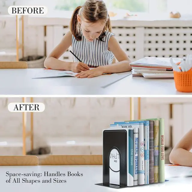 Alt view image 7 of 7 - Bookends, Book End Supports Heavy Duty Metal Bookend Support, Book Ends Supports for Shelves Decor Home Office School (2 Pairs/4 Pieces, Black)