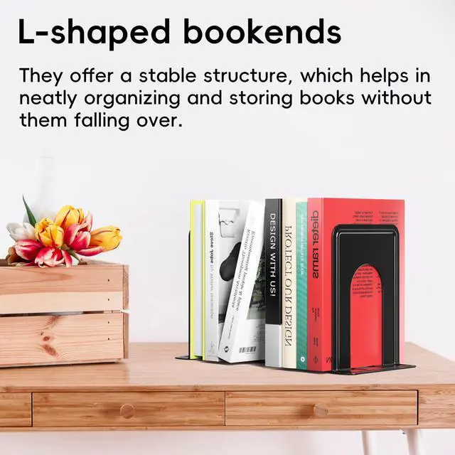Alt view image 6 of 7 - Bookends, Book End Supports Heavy Duty Metal Bookend Support, Book Ends Supports for Shelves Decor Home Office School (2 Pairs/4 Pieces, Black)