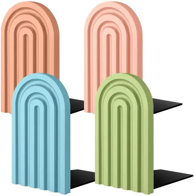 Main image of 4 Pcs Boho Arch Wooden Bookends, Decorative Rainbow Book Stoppers with Non-Slip Metal Base, 5x3x4 Inches, Cute Shelf Decor for Heavy Books, Home Office Study Desk Organizer(Bright Color)