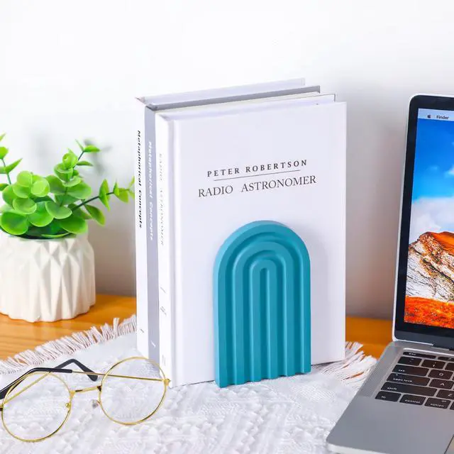 Alt view image 5 of 7 - 4 Pcs Boho Arch Wooden Bookends, Decorative Rainbow Book Stoppers with Non-Slip Metal Base, 5x3x4 Inches, Cute Shelf Decor for Heavy Books, Home Office Study Desk Organizer(Bright Color)