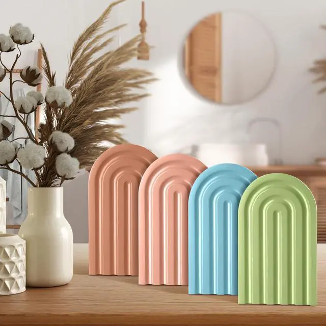 Alt view image 6 of 7 - 4 Pcs Boho Arch Wooden Bookends, Decorative Rainbow Book Stoppers with Non-Slip Metal Base, 5x3x4 Inches, Cute Shelf Decor for Heavy Books, Home Office Study Desk Organizer(Bright Color)