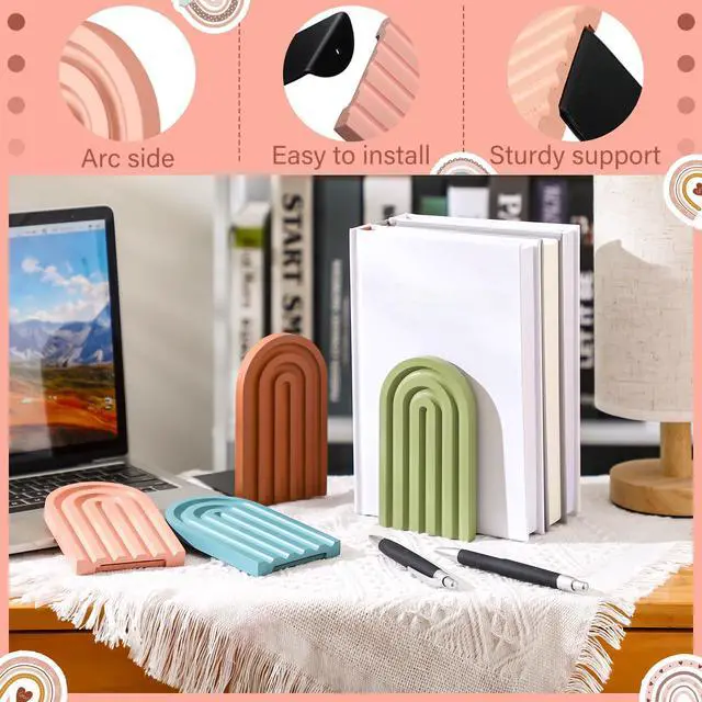 Alt view image 2 of 7 - 4 Pcs Boho Arch Wooden Bookends, Decorative Rainbow Book Stoppers with Non-Slip Metal Base, 5x3x4 Inches, Cute Shelf Decor for Heavy Books, Home Office Study Desk Organizer(Bright Color)