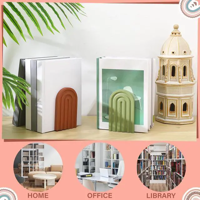 Alt view image 4 of 7 - 4 Pcs Boho Arch Wooden Bookends, Decorative Rainbow Book Stoppers with Non-Slip Metal Base, 5x3x4 Inches, Cute Shelf Decor for Heavy Books, Home Office Study Desk Organizer(Bright Color)