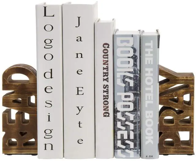 Main image of Set of 2 Rustic Burnt Brown Wood Read & Pray Wood Christian Bookends | Set of 2 rustic burnt brown wood bookends features carved READ and PRAY lettering for Christian home libraries and offices