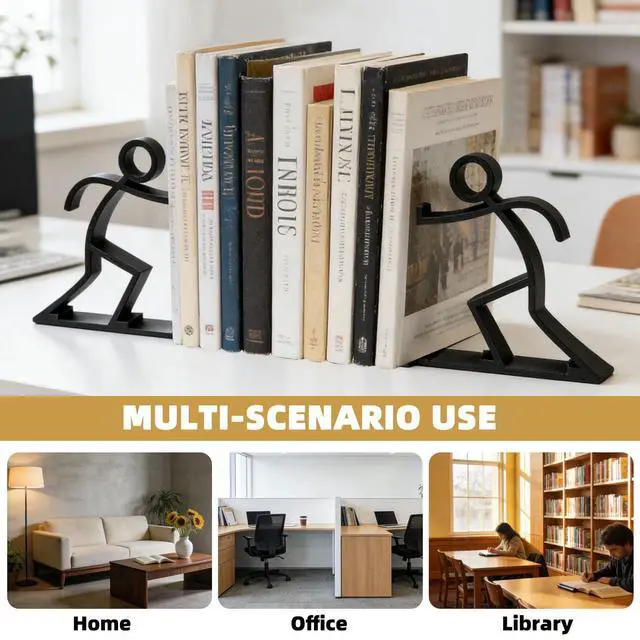 Alt view image 5 of 6 - Decorative Bookends Book Ends for Shelves, Unique Office Desk Decor & Cute Reading Bookshelf Holder for Home Library Creative Gift for Book Lovers Not Metal (Black)