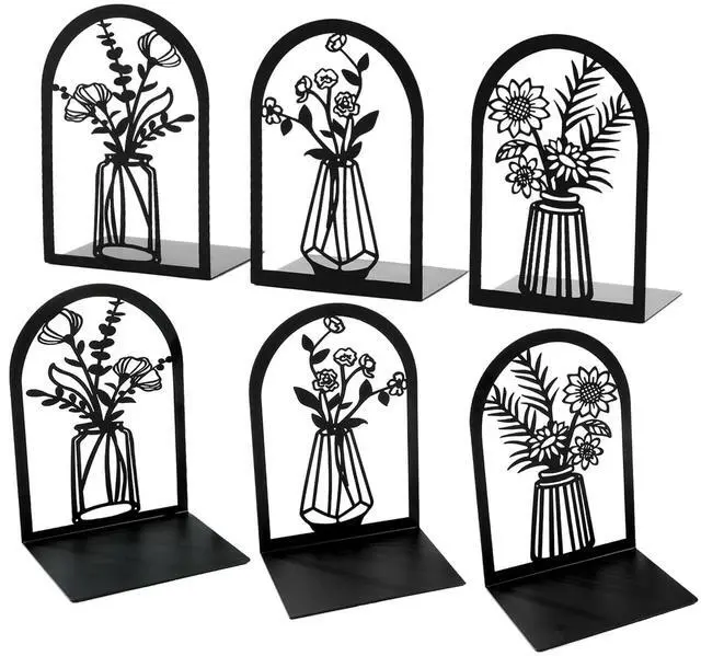 Main image of 3 Pair Book Ends Decorative Bookends for Shelves 6.7x4.7x3.5 Inch | Black Metal Book Stopper Heavy Duty, Office Home Classroom Bookshelf, Cute Flower Design Holders, Unique Large Book Stands