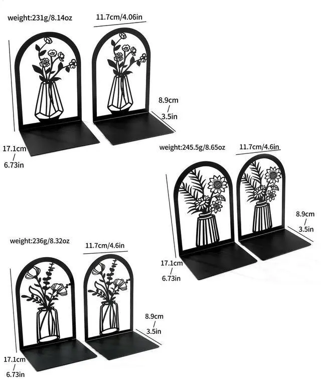 Alt view image 3 of 7 - 3 Pair Book Ends Decorative Bookends for Shelves 6.7x4.7x3.5 Inch | Black Metal Book Stopper Heavy Duty, Office Home Classroom Bookshelf, Cute Flower Design Holders, Unique Large Book Stands