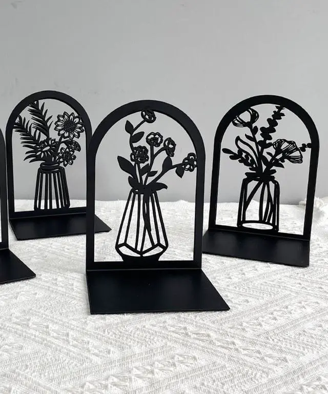 Alt view image 6 of 7 - 3 Pair Book Ends Decorative Bookends for Shelves 6.7x4.7x3.5 Inch | Black Metal Book Stopper Heavy Duty, Office Home Classroom Bookshelf, Cute Flower Design Holders, Unique Large Book Stands