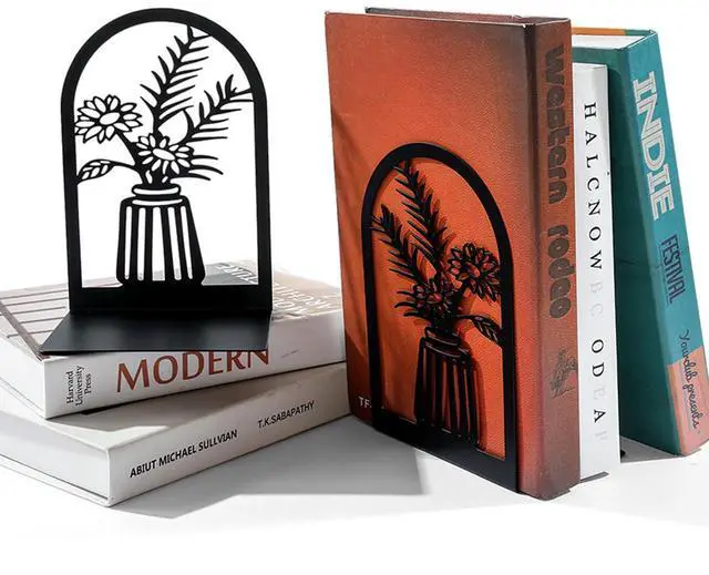 Alt view image 5 of 7 - 3 Pair Book Ends Decorative Bookends for Shelves 6.7x4.7x3.5 Inch | Black Metal Book Stopper Heavy Duty, Office Home Classroom Bookshelf, Cute Flower Design Holders, Unique Large Book Stands