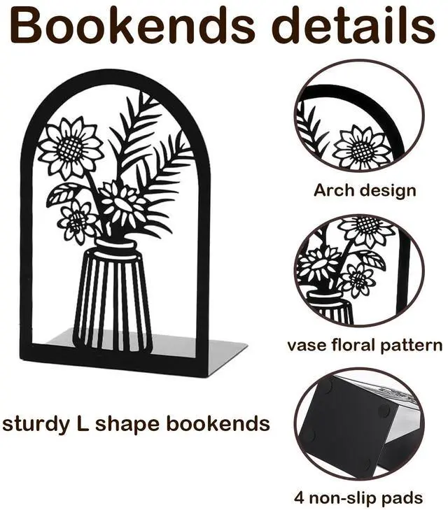 Alt view image 4 of 7 - 3 Pair Book Ends Decorative Bookends for Shelves 6.7x4.7x3.5 Inch | Black Metal Book Stopper Heavy Duty, Office Home Classroom Bookshelf, Cute Flower Design Holders, Unique Large Book Stands