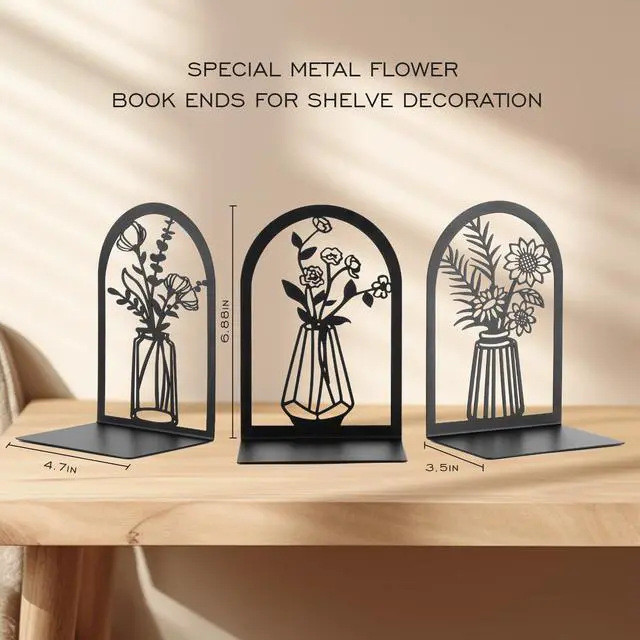 Alt view image 2 of 7 - 3 Pair Metal Bookends,Decorative Book Ends for Shelves,Non-Slip Book Stopper for Heavy Books,Flower Shelf Holder for Home School Office