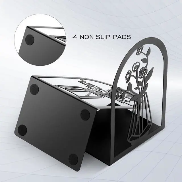 Alt view image 4 of 7 - 3 Pair Metal Bookends,Decorative Book Ends for Shelves,Non-Slip Book Stopper for Heavy Books,Flower Shelf Holder for Home School Office