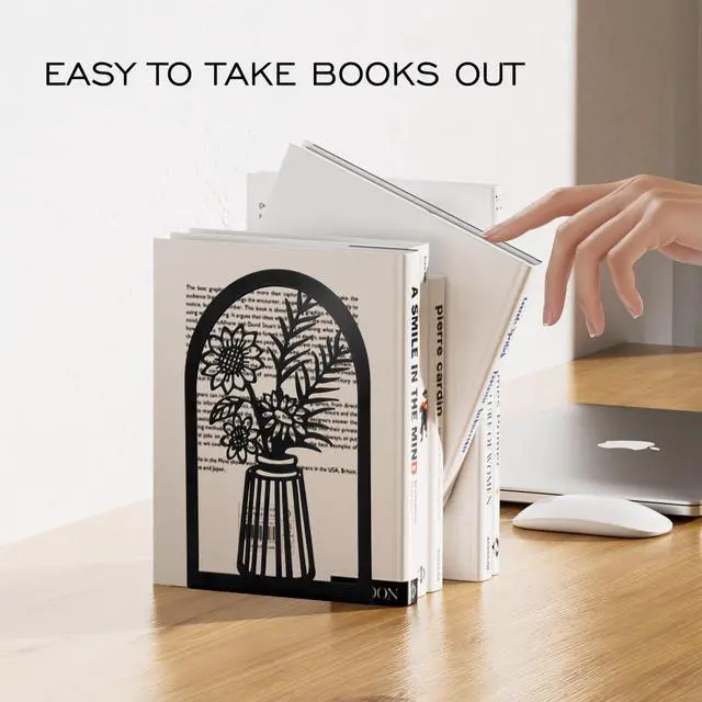 Alt view image 5 of 7 - 3 Pair Metal Bookends,Decorative Book Ends for Shelves,Non-Slip Book Stopper for Heavy Books,Flower Shelf Holder for Home School Office