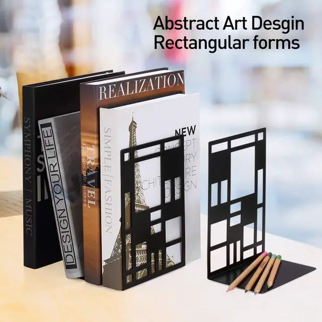 Alt view image 6 of 7 - Book Ends,Bookends,Book Ends for Shelves,Bookends for Heavy Books | Book Divider Decorative Holder,Metal Heavy Duty Bookend,Abstract Art Book Stopper Supports for Office,Black 1 Pair