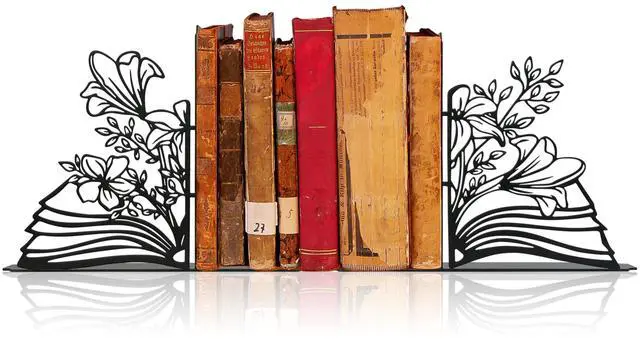 Main image of Metal Flower & Book Design Decorative Bookends Cute Bookends for Shelves | Fun Reading Room Decor for Book Lovers, Black