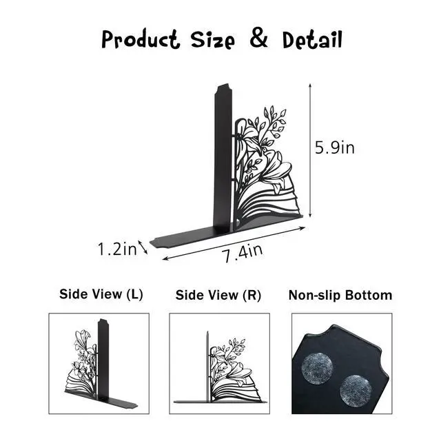 Alt view image 2 of 6 - Metal Flower & Book Design Decorative Bookends Cute Bookends for Shelves | Fun Reading Room Decor for Book Lovers, Black