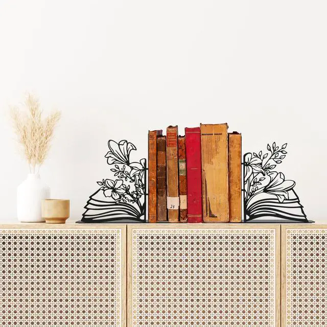 Alt view image 3 of 6 - Metal Flower & Book Design Decorative Bookends Cute Bookends for Shelves | Fun Reading Room Decor for Book Lovers, Black