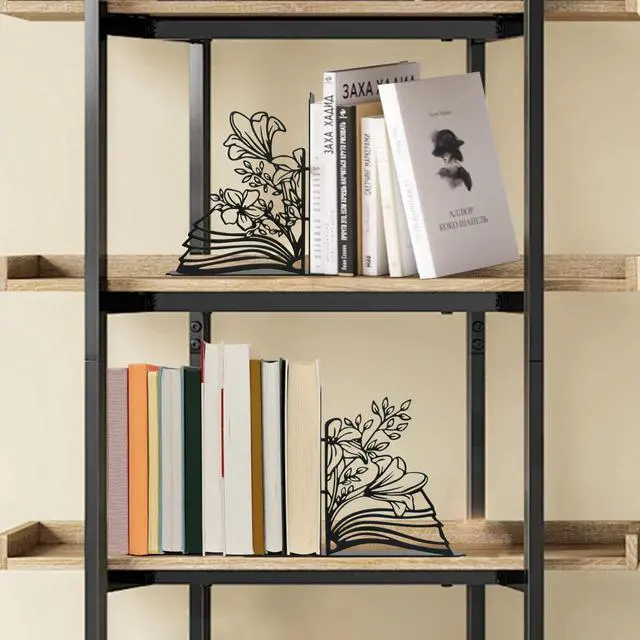 Alt view image 5 of 6 - Metal Flower & Book Design Decorative Bookends Cute Bookends for Shelves | Fun Reading Room Decor for Book Lovers, Black