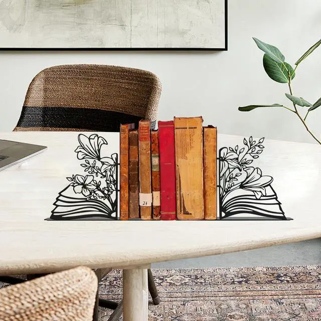 Alt view image 6 of 6 - Metal Flower & Book Design Decorative Bookends Cute Bookends for Shelves | Fun Reading Room Decor for Book Lovers, Black