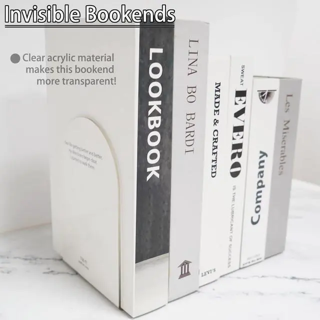 Alt view image 3 of 6 - Clear Acrylic Book Ends Bookends for Shelves | 2 Piece, 7.08 x 4.72, Semi-circular, Non-Slip, Decorative Books Holder, Bookcase Desktop Use, for Office Home School