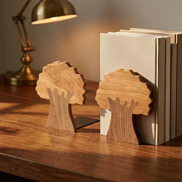 Alt view image 2 of 7 - Walnut & Cherry Tree Shaped Book Ends for Shelves | Heavy Duty with Non-Skid Pads, Decorative Book Supports for Home, Office & Library