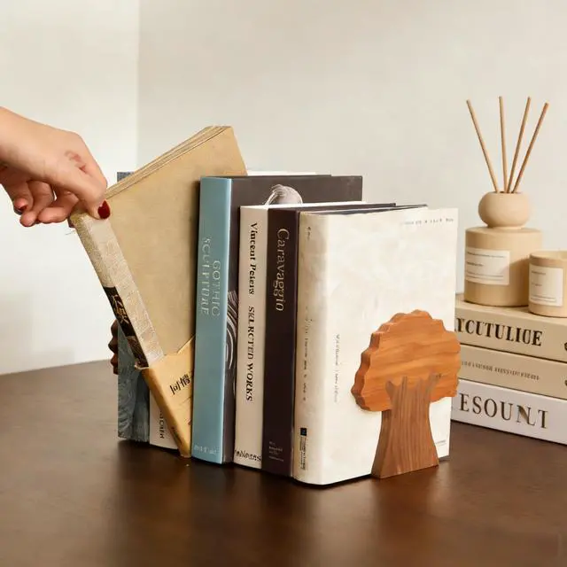 Alt view image 3 of 7 - Walnut & Cherry Tree Shaped Book Ends for Shelves | Heavy Duty with Non-Skid Pads, Decorative Book Supports for Home, Office & Library