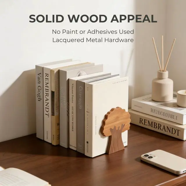 Alt view image 4 of 7 - Walnut & Cherry Tree Shaped Book Ends for Shelves | Heavy Duty with Non-Skid Pads, Decorative Book Supports for Home, Office & Library
