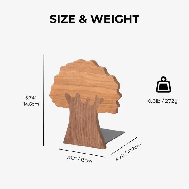 Alt view image 6 of 7 - Walnut & Cherry Tree Shaped Book Ends for Shelves | Heavy Duty with Non-Skid Pads, Decorative Book Supports for Home, Office & Library