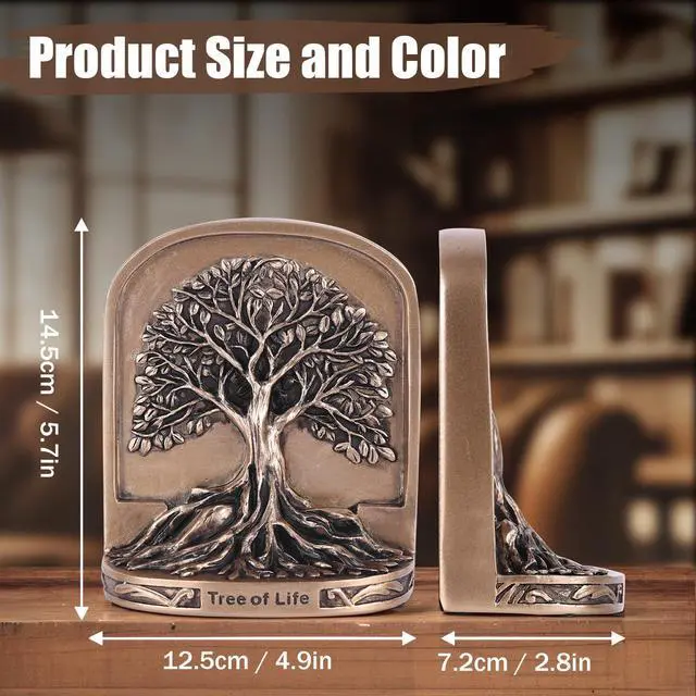 Alt view image 2 of 7 - Antique Bronze Color Tree of Life Bookends Set, 2 Non-Skid Heavy Bookends for Shelves or Bookcase, Decorative Bookends for Desktop Shelf Decor, Library Office Decor, Home Décor Gift