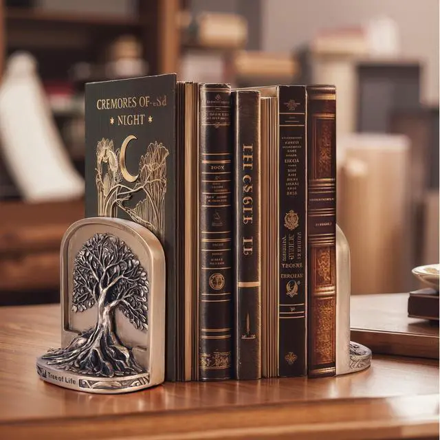 Alt view image 5 of 7 - Antique Bronze Color Tree of Life Bookends Set, 2 Non-Skid Heavy Bookends for Shelves or Bookcase, Decorative Bookends for Desktop Shelf Decor, Library Office Decor, Home Décor Gift