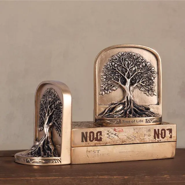 Alt view image 6 of 7 - Antique Bronze Color Tree of Life Bookends Set, 2 Non-Skid Heavy Bookends for Shelves or Bookcase, Decorative Bookends for Desktop Shelf Decor, Library Office Decor, Home Décor Gift