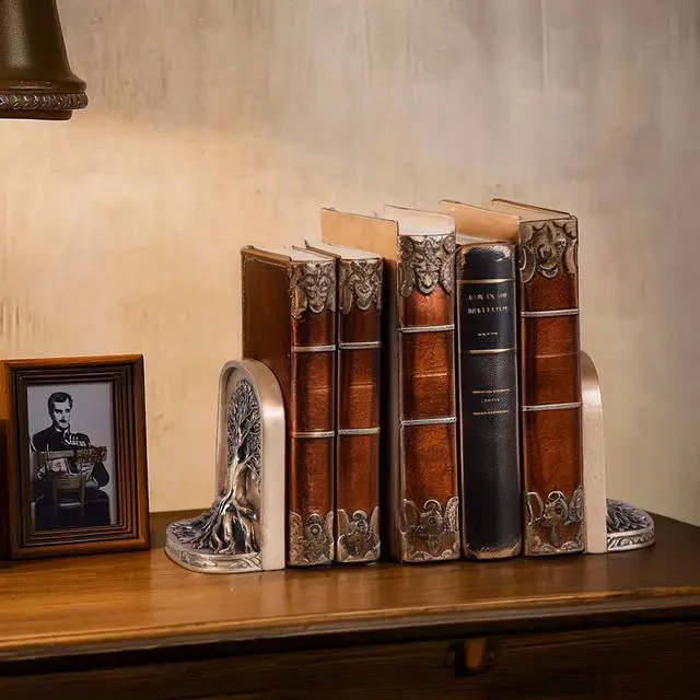 Alt view image 7 of 7 - Antique Bronze Color Tree of Life Bookends Set, 2 Non-Skid Heavy Bookends for Shelves or Bookcase, Decorative Bookends for Desktop Shelf Decor, Library Office Decor, Home Décor Gift