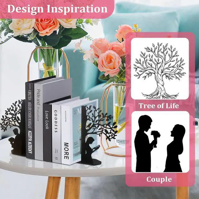 Alt view image 2 of 7 - Tree of Life Bookends Decorative Couple Book Ends for Shelves (Black) | Tree Metal Bookends for Heavy Books, Book Organizer for Desk Bookshelf Home Office Book Stopper valentines day gifts