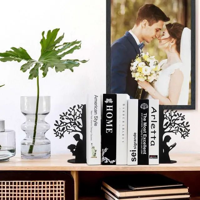 Alt view image 7 of 7 - Tree of Life Bookends Decorative Couple Book Ends for Shelves (Black) | Tree Metal Bookends for Heavy Books, Book Organizer for Desk Bookshelf Home Office Book Stopper valentines day gifts