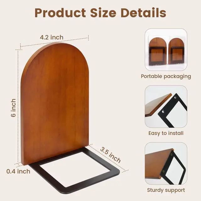 Alt view image 2 of 7 - 1 Pair Wood Bookends, Decorative Book Ends for Heavy Books, Book Organizer | Book Shelf Holder Home Decorative, Heavy Duty Wooden Bookend Support for Books and Movies
