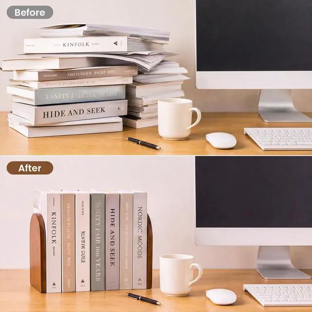 Alt view image 4 of 7 - 1 Pair Wood Bookends, Decorative Book Ends for Heavy Books, Book Organizer | Book Shelf Holder Home Decorative, Heavy Duty Wooden Bookend Support for Books and Movies