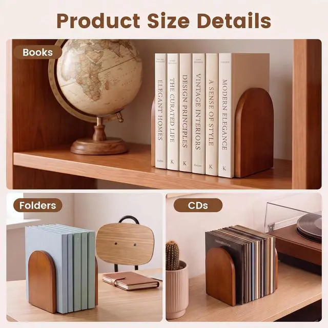 Alt view image 5 of 7 - 1 Pair Wood Bookends, Decorative Book Ends for Heavy Books, Book Organizer | Book Shelf Holder Home Decorative, Heavy Duty Wooden Bookend Support for Books and Movies